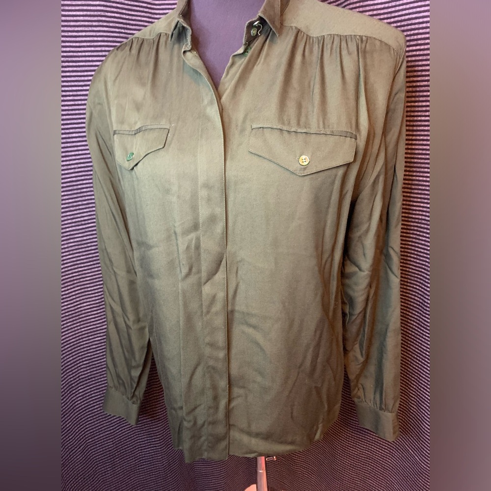 Vintage 80’s Sz 4 Liz Claiborne Army Green Shoulder Pads Peasant Blouse LS